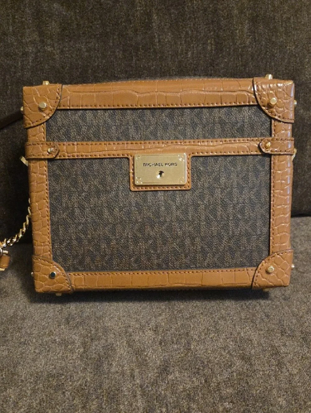 Michael Kors Brown Logo Trunk Crossbody with Gold Chain